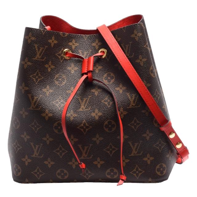 LV LOUIS VUITTON路易威登 M44021 經典 Neonoe Monogram 帆布印花牛皮鑲飾束口斜背/肩背水桶包