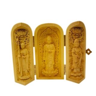 【十方佛教文物】娑婆三聖 地藏菩薩 黃楊木小佛堂 高10公分(慈悲吉祥如意)