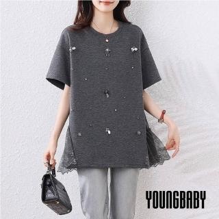 【YOUNGBABY】亮片小蜜蜂星鑽拼接蕾絲閃銀上衣 中大尺碼女裝