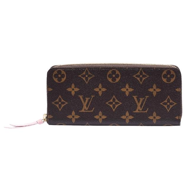 全新 LOUIS VUITTON 路易威登 M61298 CLEMENCE 拉鍊長夾，採用高質牛皮與 Monogram 帆布製成，咖啡色系與粉紅色系選擇，搭配原廠防塵套與品控卡，為女性日常攜帶提供時尚與實用的選擇。