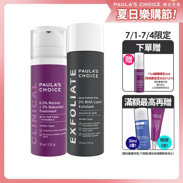 【寶拉珍選】明星抗老組★2%水楊酸精華液+0.3%A醇+2%補骨脂酚精華乳