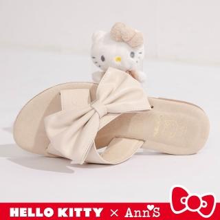 【Ann’S】Ann’S X Sanrio三麗鷗 HELLO KITTY 聯名 水洗牛皮 交叉蝴蝶結圓頭涼拖鞋1cm(米白)