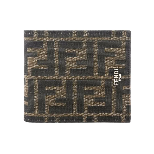 【FENDI 芬迪】FF Logo 緹花布及皮革對開8卡短夾(棕色/黑色)