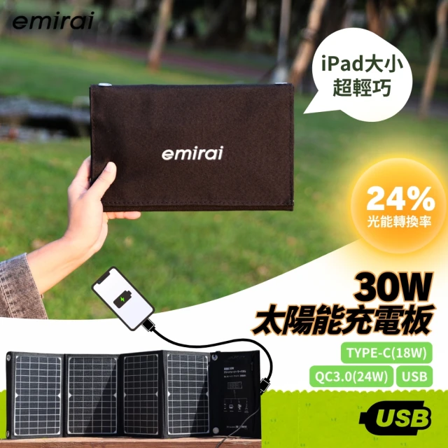 【emirai】高機動30W冒險太陽能電池板！用陽光為手機、行動電源充電！(戶外用電、防災好物！)