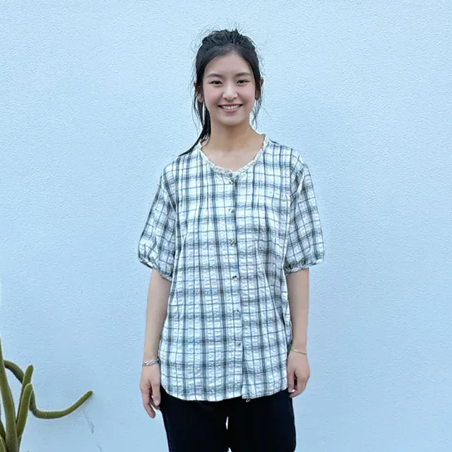 【Hana Mokuba】花木馬日系女裝花邊圓領格紋襯衫(襯衫)