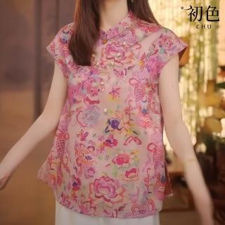 【初色】新中式復古緹花立領斜襟改良式旗袍上衣女上衣-花色-13192(M-3XL可選)