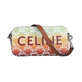 【CELINE】CELINE 字母LOGO漸層晚霞TRIOMPHE帆布拉鍊斜背包(小/綠x黃x橘x紅)