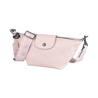 【LONGCHAMP】LONGCHAMP Le Pliage Xtra奔馬LOGO牛皮拉鍊斜背水餃包(迷你/裸色粉紅)
