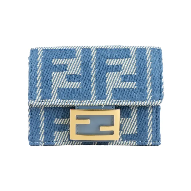 【FENDI 芬迪】Baguette FF Logo 牛仔緹花布三折短夾(藍色)