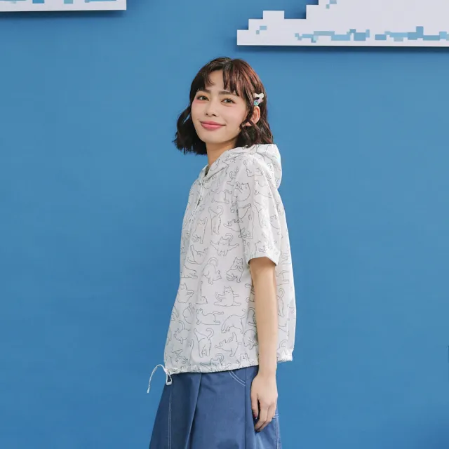 【Dailo】瑜珈貓下襬抽繩短袖連帽衫(藍 白 綠/魅力商品)