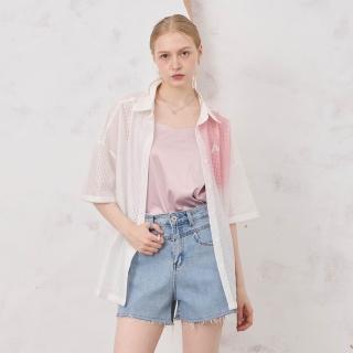 【MASTINA】噴染網眼蕾絲長版短袖襯衫(藍 白/魅力商品)