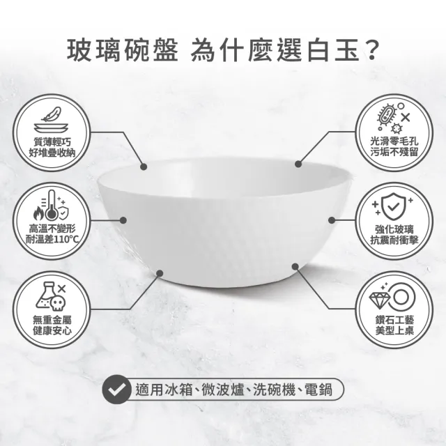 【mo select】任選2組-可微波鑽石系列白玉強化玻璃碗盤多件組(碗盤/餐具/碗/盤子/深盤/可進洗碗機、微波爐)