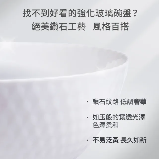 【mo select】任選2組-可微波鑽石系列白玉強化玻璃碗盤多件組(碗盤/餐具/碗/盤子/深盤/可進洗碗機、微波爐)