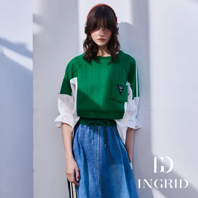 【IGD 英格麗】實體同步款-立體針織感壓紋拼接荷葉袖上衣(綠色)