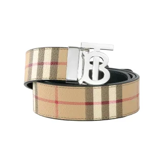 【BURBERRY 巴寶莉】銀色TB Logo 格紋帆布及皮革雙面可用皮帶_寬3.5cm(經典米色)