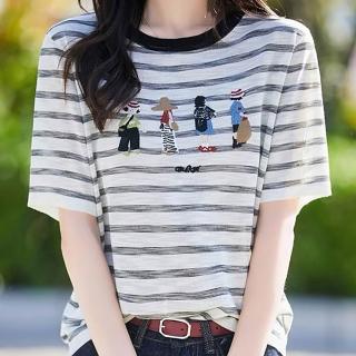 【ONEY 歐妮】★刺繡童趣條紋上衣(女裝/女上衣/舒適/圓領/T恤)