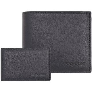【COACH】黑色皮革壓印LOGO八卡男用短夾-附票卡夾