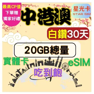 【星光卡  STAR SIM】白鑽中港澳 中國香港澳門免翻牆5天3GB 高速 無限量 吃到飽(實體卡 eSIM)