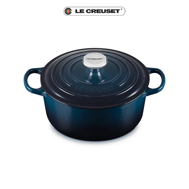 【Le Creuset】典藏琺瑯鑄鐵鍋圓鍋 24cm(夜謐藍-霓彩頭-內鍋白)