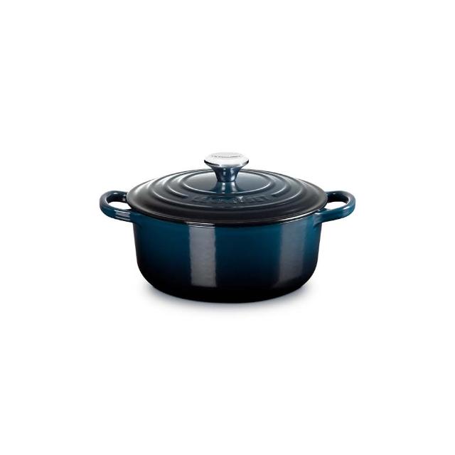 【Le Creuset】典藏琺瑯鑄鐵鍋圓鍋 20cm(夜謐藍-霓彩頭-內鍋白)