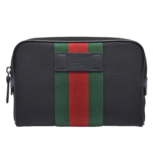 【GUCCI 古馳】經典Techno帆布綠紅綠織帶拉鍊腰包(黑色630919-KWTKN-8251)