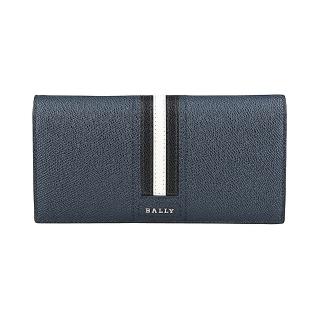 【BALLY】BALLY 鍍銀LOGO防刮牛皮黑白黑直條8卡對折長夾(海軍藍)