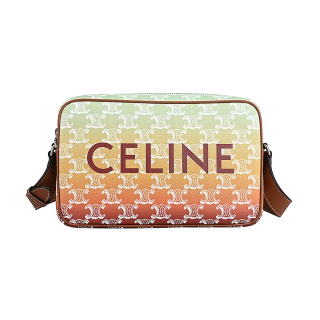【CELINE】CELINE 字母LOGO漸層晚霞TRIOMPHE帆布拉鍊斜背包(中/綠x黃x橘x紅)