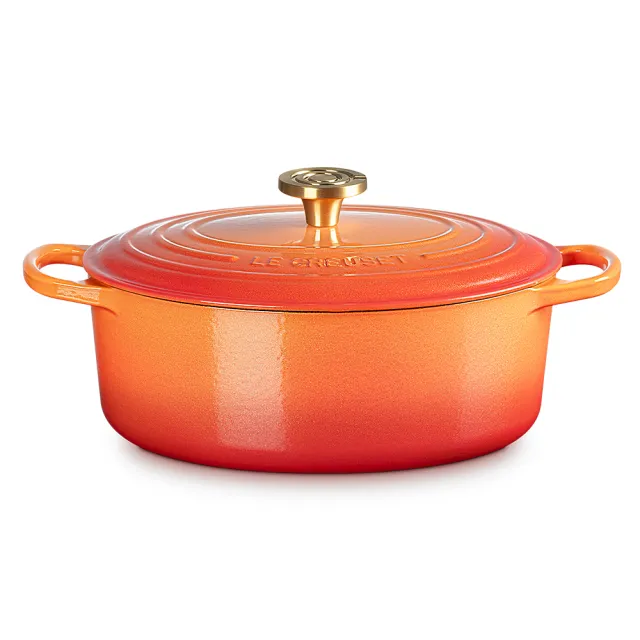 Le Creuset】典藏琺瑯鑄鐵鍋圓鍋24 cm(流金火焰橘-百年限定淡金頭-內鍋