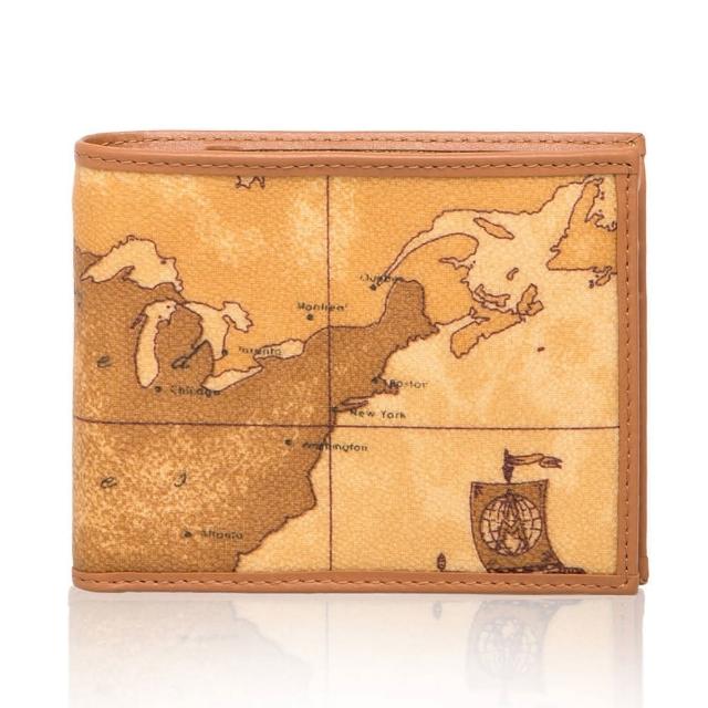 【Alviero Martini】義大利地圖包 經典男用6卡內拉鍊+1照片短夾 皮夾(地圖黃)