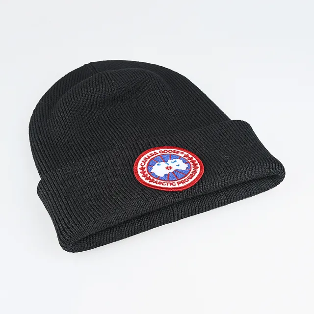 【CANADA GOOSE】CANADA GOOSE 北極地形LOGO布標羊毛螺紋毛帽(黑)