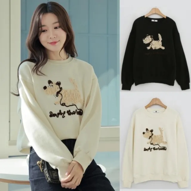 【baibeauty 白鳥麗子】甜美狗狗刺繡字母落肩圓領長袖上衣(韓國製)