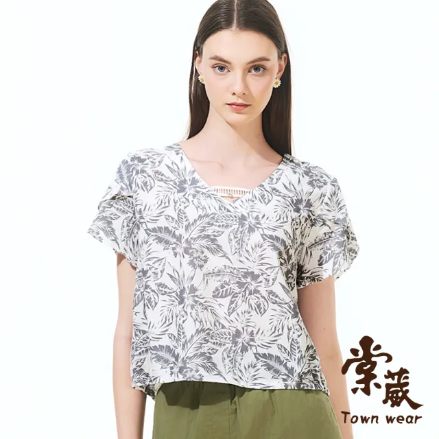 【TOWN’WEAR 棠葳】輕薄森林系棉質上衣(中大尺碼/女上衣/女上著/短袖/印花/滿版/鑽飾/鏤空/拼接)