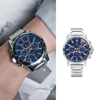 【TOMMY HILFIGER】銀框 藍面 三眼日期顯示 銀色不鏽鋼錶帶 45mm 男錶 手錶 母親節(1791788)