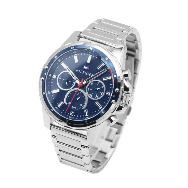 【TOMMY HILFIGER】銀框 藍面 三眼日期顯示 銀色不鏽鋼錶帶 45mm 男錶 石英錶 雙11(1791788)