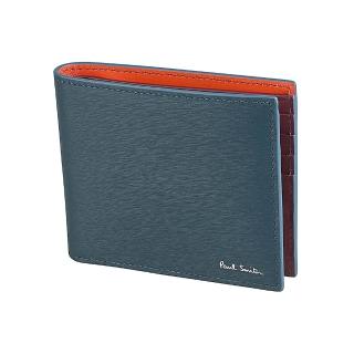 【Paul Smith】PAUL SMITH燙銀字LOGO拼色牛皮8卡對開式短夾(男款/深藍x酒紅x橘)