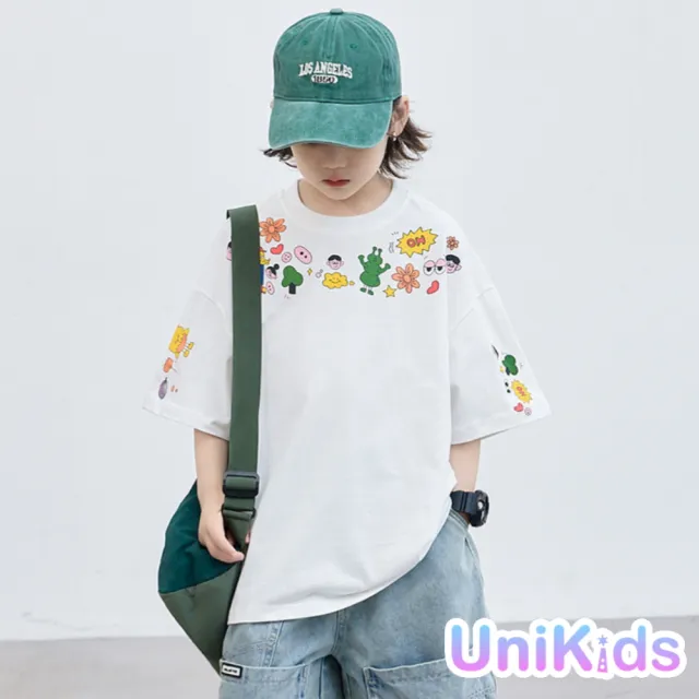 【UniKids】中大童裝花草小物短袖T恤 男大童裝女大童裝 CVLBXT8794(白)