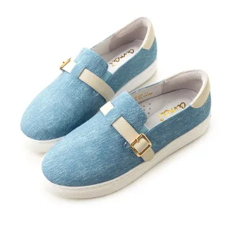 【amai】簡約百搭素面帶釦休閒樂福鞋 低跟鞋 平底鞋 懶人鞋 上班鞋 時尚 優雅 大尺碼 GC124BU(藍色)