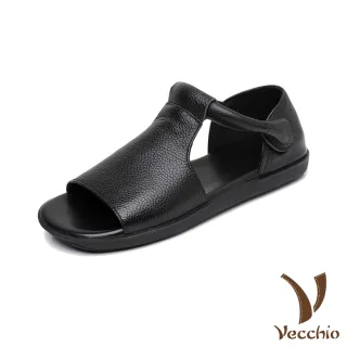 【Vecchio】真皮涼鞋 牛皮涼鞋 平底涼鞋/真皮頭層牛皮復古設計魔鬼粘平底涼鞋(黑)