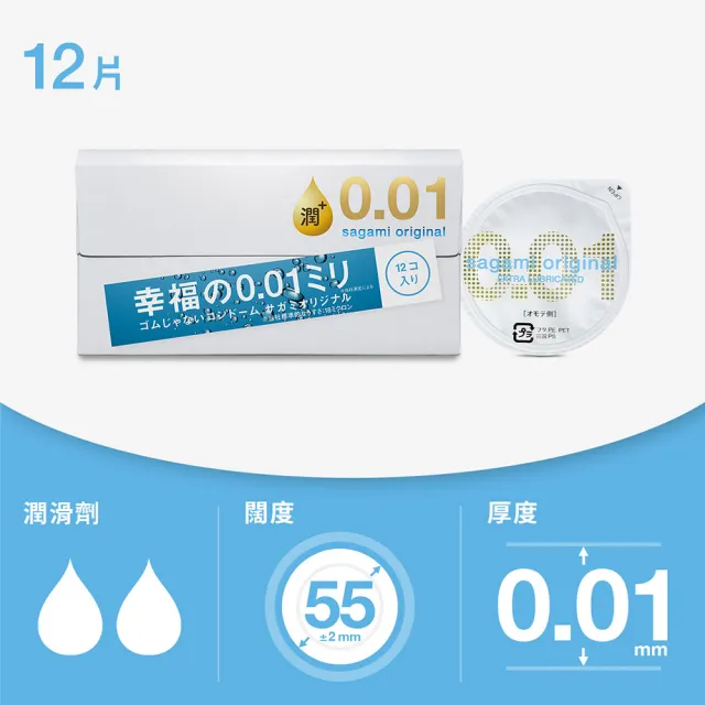 【sagami 相模】元祖0.01PU極潤裝衛生套 55mm(12入/盒)
