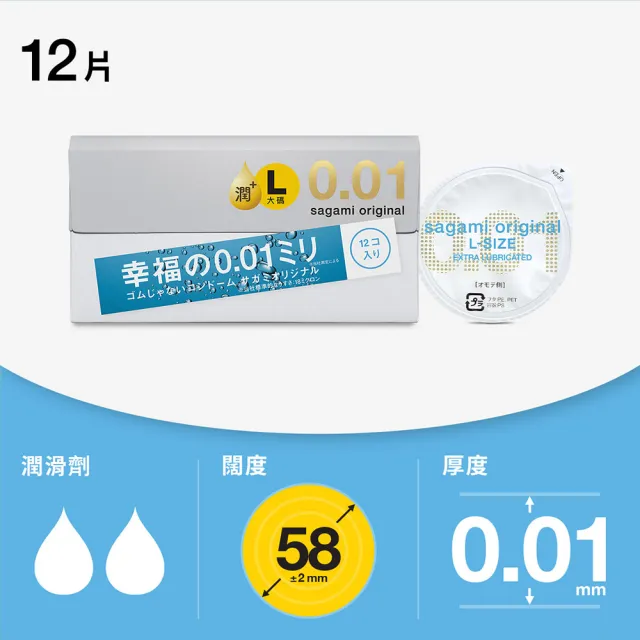 【sagami 相模】元祖0.01PU極潤裝L加大衛生套 58mm(12入/盒)