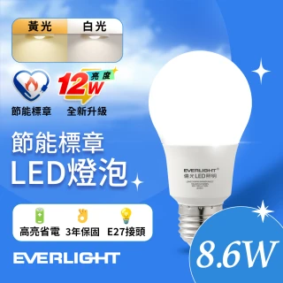 【Everlight 億光】LED燈泡 12W亮度 超節能plus 僅8.6W用電量(白光/黃光)