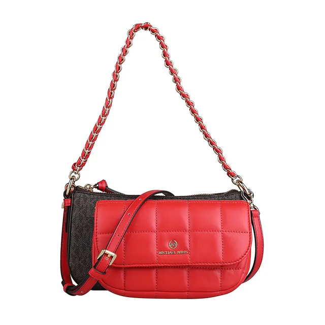 【Michael Kors】MICHAEL KORS 經典LOGO四合一PVC搭縫線牛皮拉鍊釦式手提斜背包(深褐x紅)