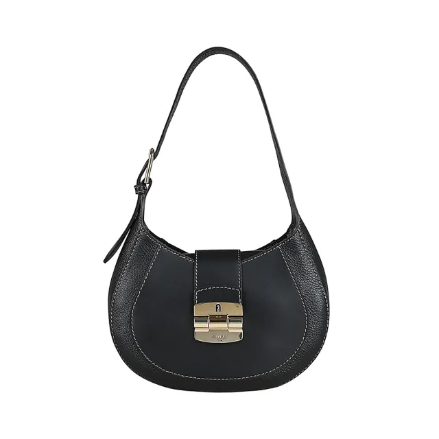 【FURLA 芙拉】FURLA Club 2 立體LOGO壓紋小牛皮拼皮革吸釦式肩背包(黑)