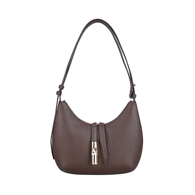 【FURLA 芙拉】FURLA GOCCIA 燙印LOGO小牛皮搭金屬圓柱拉鍊斜背包(巧克力棕)