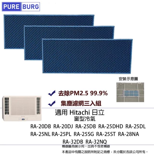 【PUREBURG】3入組-適用日立Hitachi 窗型冷氣RA系列 RA-25PL RA-25SG  RA-32NQ  RA-25ST 光觸媒濾網