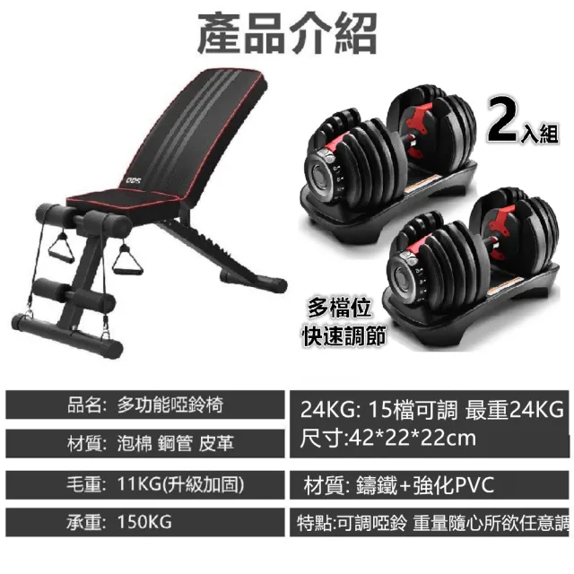 【彬彬小舖】DDS啞鈴椅+24KG可調啞鈴2入組 15種重量可調(快調啞鈴 健身器材 可調式啞鈴 重訓 槓鈴)