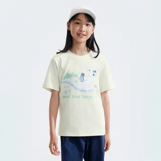 【The North Face】北面兒童米白色純棉舒適胸前大尺寸趣味印花短袖T恤｜89XEQLI(上衣/LOGO)