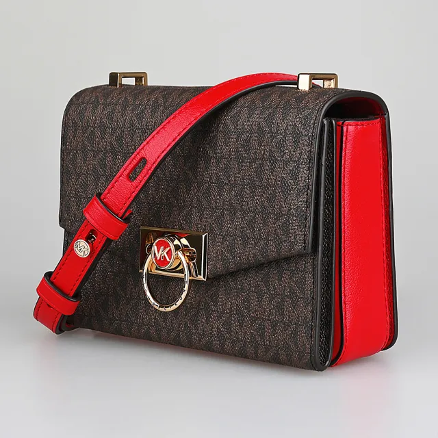 【Michael Kors】MICHAEL KORS Hendrix印花塗層帆布璇釦式三層風琴斜背包(超小號/深褐x紅)