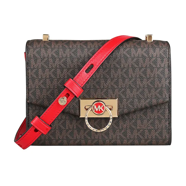 【Michael Kors】MICHAEL KORS Hendrix印花塗層帆布璇釦式三層風琴斜背包(超小號/深褐x紅)
