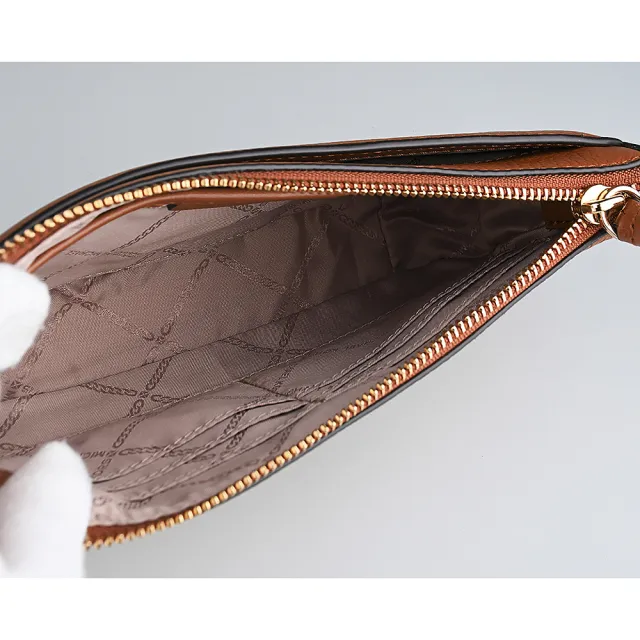 【Michael Kors】MICHAEL KORS 牛皮搭印花塗層帆布拉鍊釦式四合一手提斜背包(橡子棕x香草白)